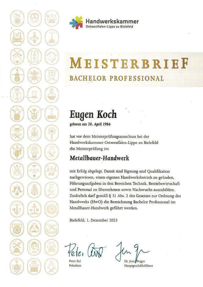 Meisterbrief von Eugen Koch aus dem Jahr 2023